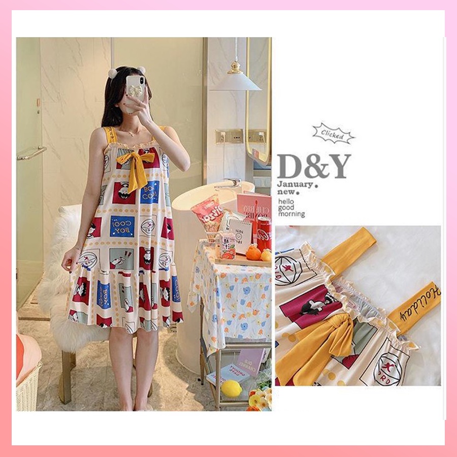 Váy ngủ nữ hai dây dễ thương bigsize qua gối phối nơ cực xinh chất cotton thun sữa mềm mịn VN03