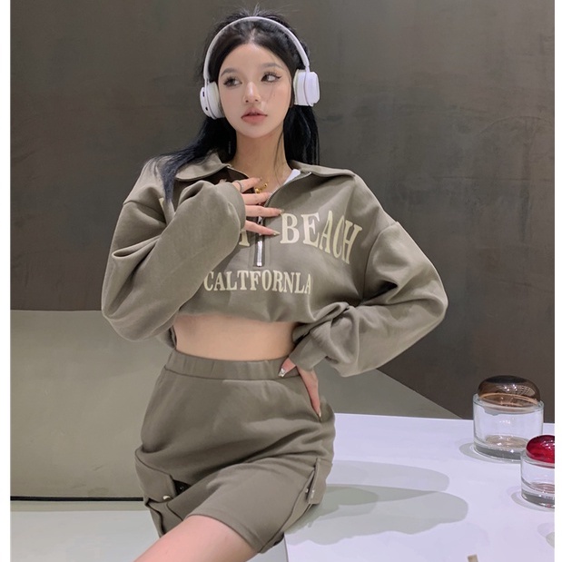 Bộ Áo Sweater Tay Dài Khóa Kéo Nửa In Chữ + Chân Váy Lưng Cao Thời Trang Mùa Thu Phong Cách Hàn Quốc Cho Nữ