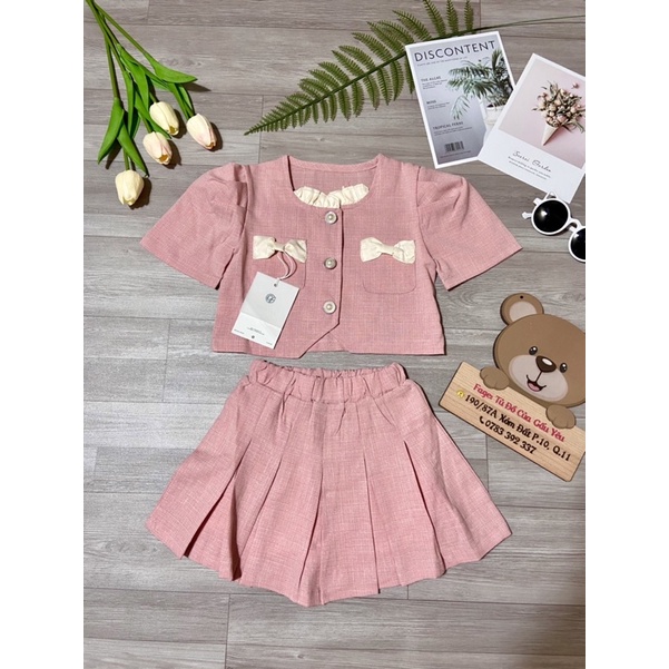 QCCC - Set vest áo váy cúc đính đá màu hồng phong cách tiểu thư Hàn quốc cho bé gái đi tiệc