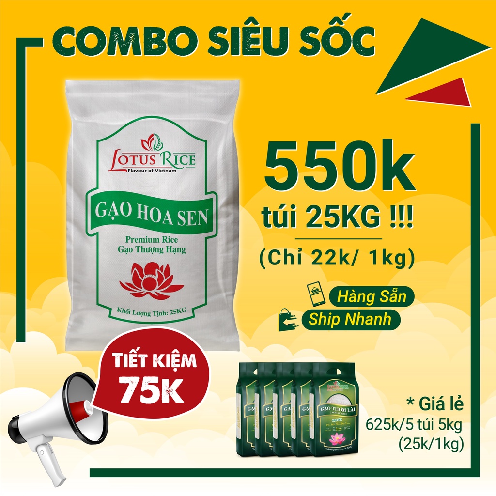 25kg Gạo Thơm Lài Lotus Rice - Thơm ngon dẻo vừa (túi bự tiết kiệm)