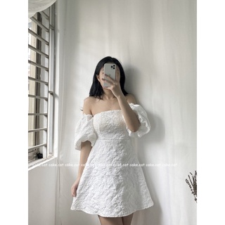 [SẴN/ VIDEO THẬT] Váy Trễ Vai Hoa Nổi Tay Bồng Có Mút Ngực Đầm Váy Trắng Đi Cưới Đi Tiệc Váy Chữ A