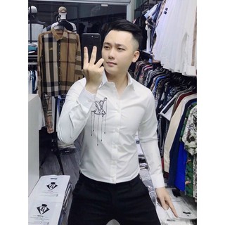 Áo Sơ Mi Nam Dài Tay Vải Lụa Cao Cấp, Áo Sơ Mi Dáng Ôm Họa Tiết Hai Màu Đen Trắng Form Body, T-man
