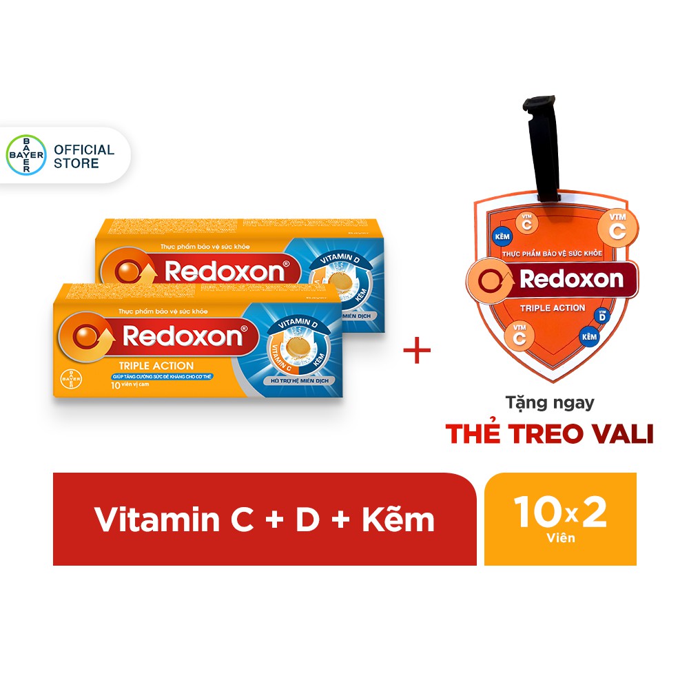 Combo 2 hộp viên sủi bổ sung Vitamin C, D, và Kẽm Redoxon Triple Action 10 viên/hộp - Tặng 1 tag treo vali