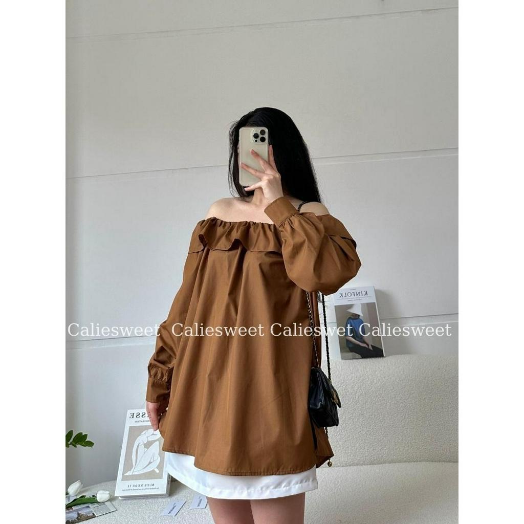 Áo trễ vai bèo CALIESWEET áo sơ mi dài tay trễ vai năng động phong cách Hàn Quốc