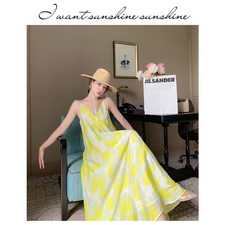 VÁY ĐẦM MAXI 2 DÂY HOA VÀNG TƯƠI MÁT