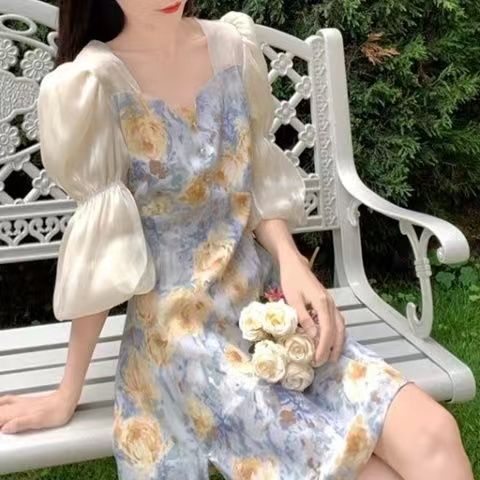 Đầm hoa Perty tay lửng phồng thời trang Hàn Quốc dành cho nữ