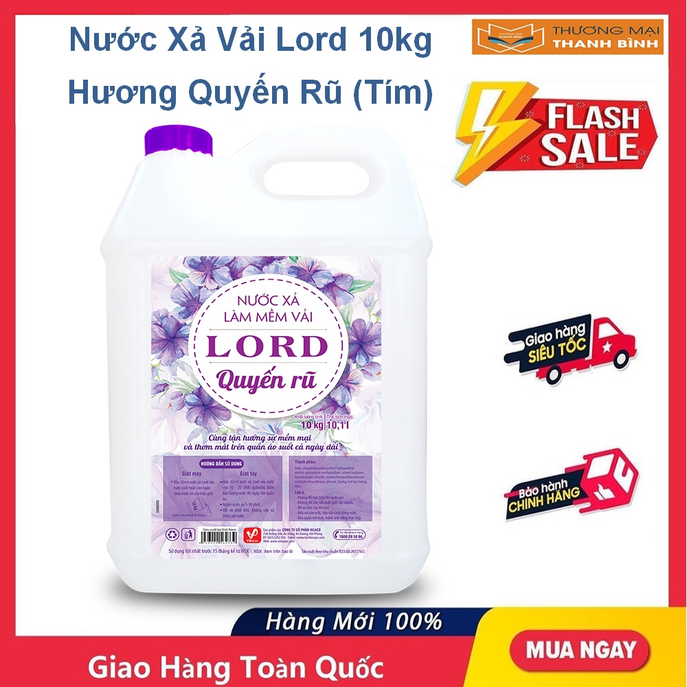 Nước xả làm mềm vải Lord 10kg hương Quyến rũ (tím), Ngọt ngào (hồng), Nắng mai (xanh)