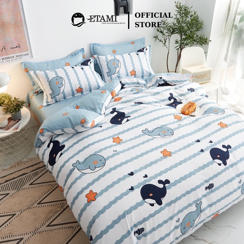 Bộ chăn ga gối ETAMI cotton poly cá heo xanh cute miễn phí bo chun drap giường ga trải giường P01
