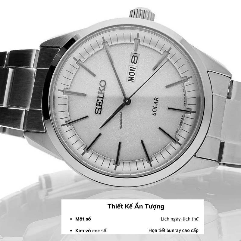 Đồng hồ Seiko Solar SNE52 nam pin năng lượng mặt trời mặt kính sapphire chống nước 10 ATM dây thép cao cấp chính hãng
