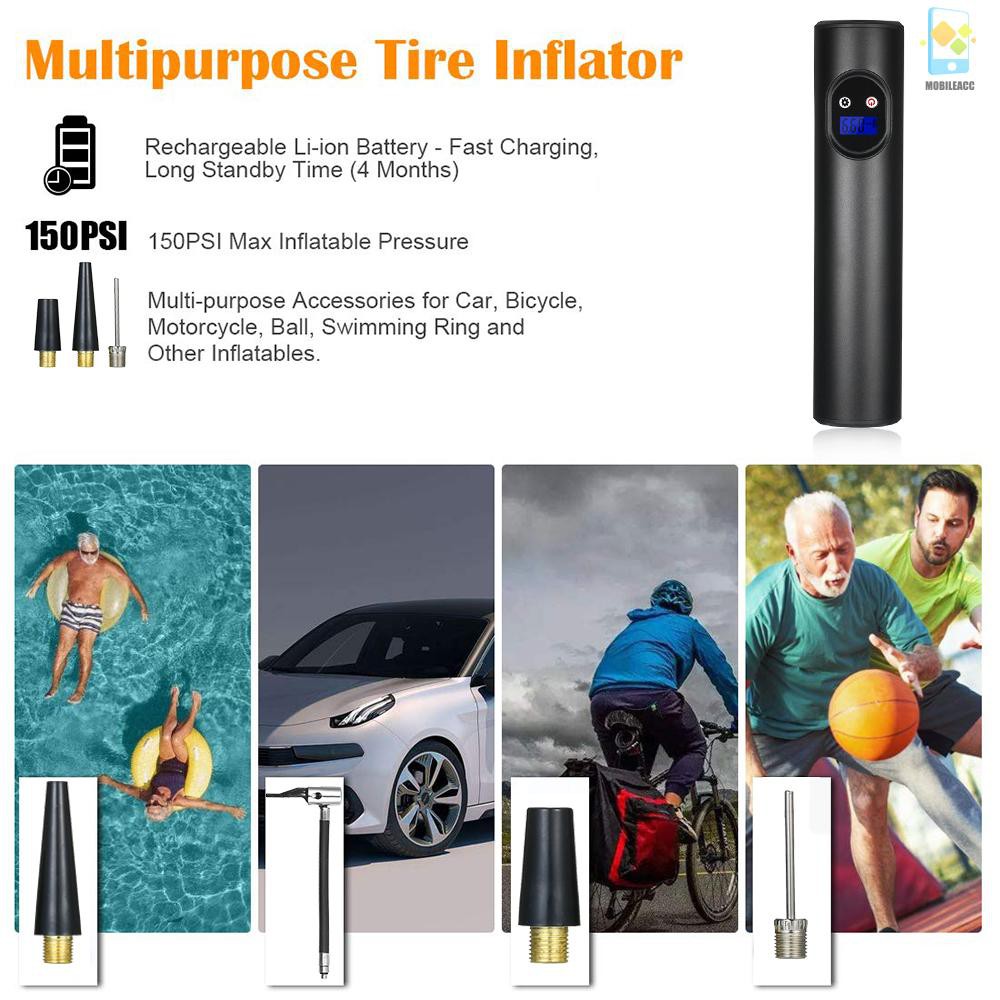 M Portable Air Compressor Mini Air Inflator Handheld Tire Pump Cordless Electric Air Pump for Ball Bicycle and Car Tire 2000mAh with Digital LCD LED Light 12V AC DC Lithium Battery 150PSI