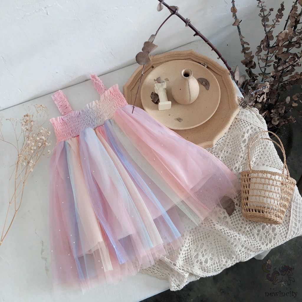 Đầm Xòe Công Chúa Hai Dây Màu Cầu Vồng Thời Trang Đáng Yêu Cho Bé