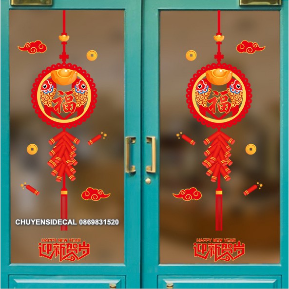 Decal trang trí Tết - Cặp Dây răng cưa Cá Chép Đỏ pháo