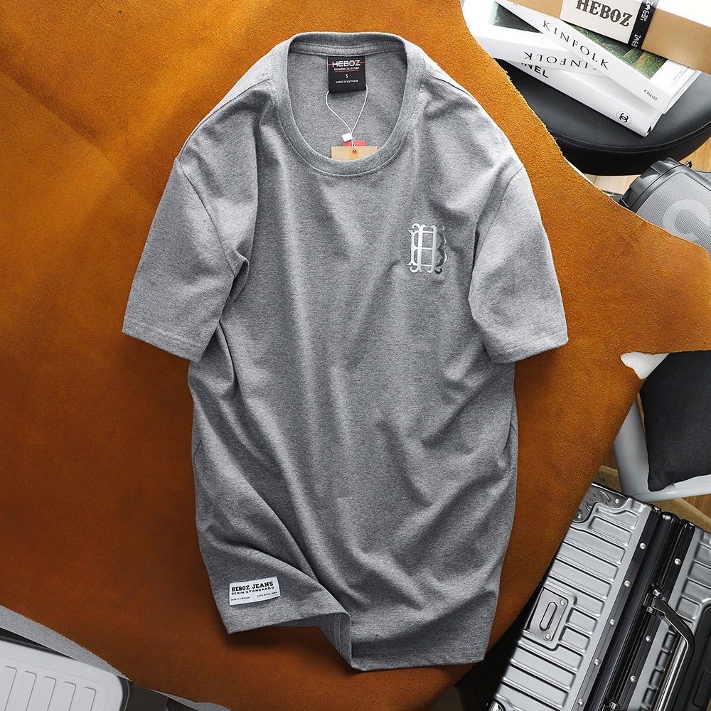 Áo thun nam cổ tròn Heboz, chất vải cotton 4 chiều in logo cao thành basic 5M new - 00001209