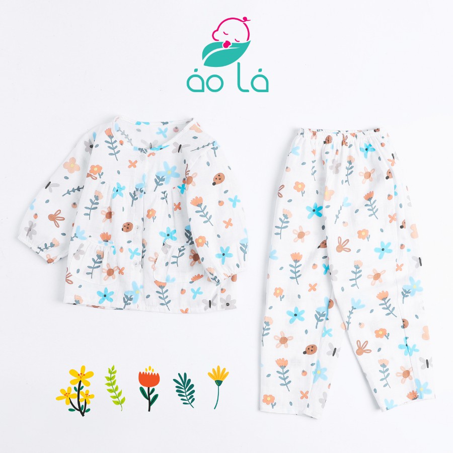 Đồ thu đông cho bé gái mặc ngủ vải cotton xô, đồ ngủ bé gái dài tay babydoll xinh xắn họa tiết hoa Áo Lá Homewear PIXOB