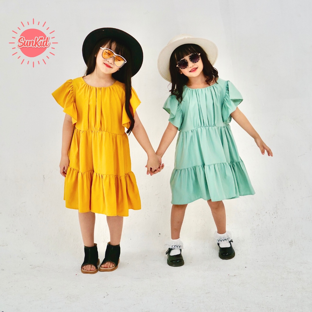  Váy bé gái babydoll trơn vải trượt nhật cao cấp mùa hè Sunkid CT1 màu vàng, xanh 4-12 tuổi