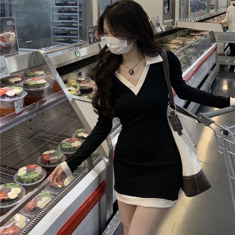Đầm cổ polo ôm dáng màu tương phản thời trang cho nữ