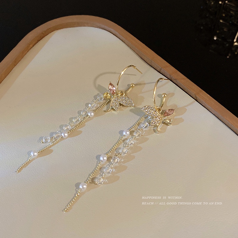 Bông Tai Bạc 925 Dáng Dài Phối Tua Rua Hình Bướm Đính Đá Pha Lê Thời Trang Sang Trọng Cho Nữ