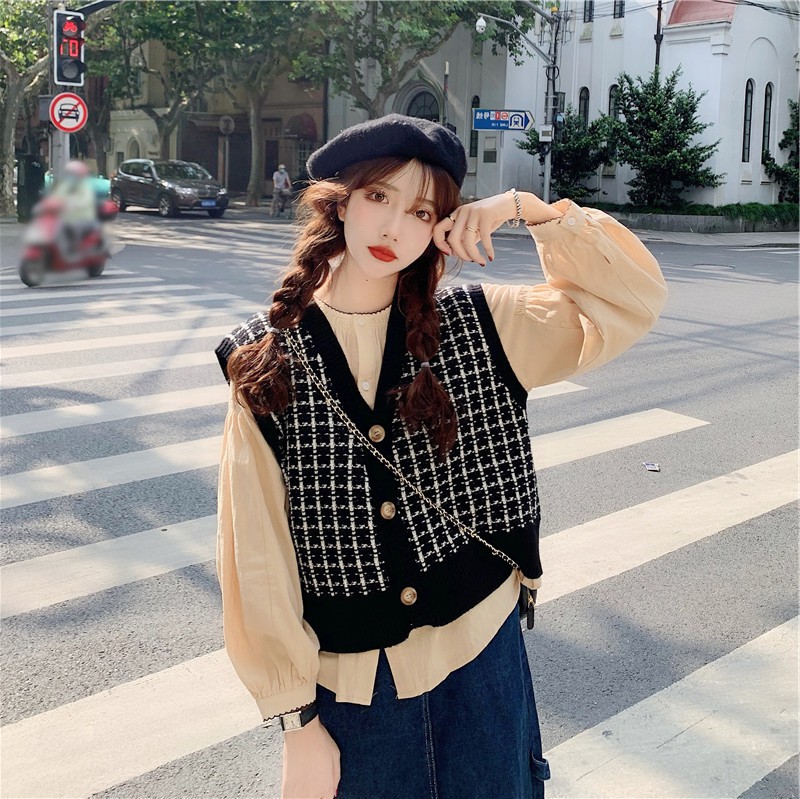 Bộ áo sơ mi dài tay màu trơn + áo sweater RENJIANVSHENG sát nách cổ chữ V phong cách thanh lịch cho nữ