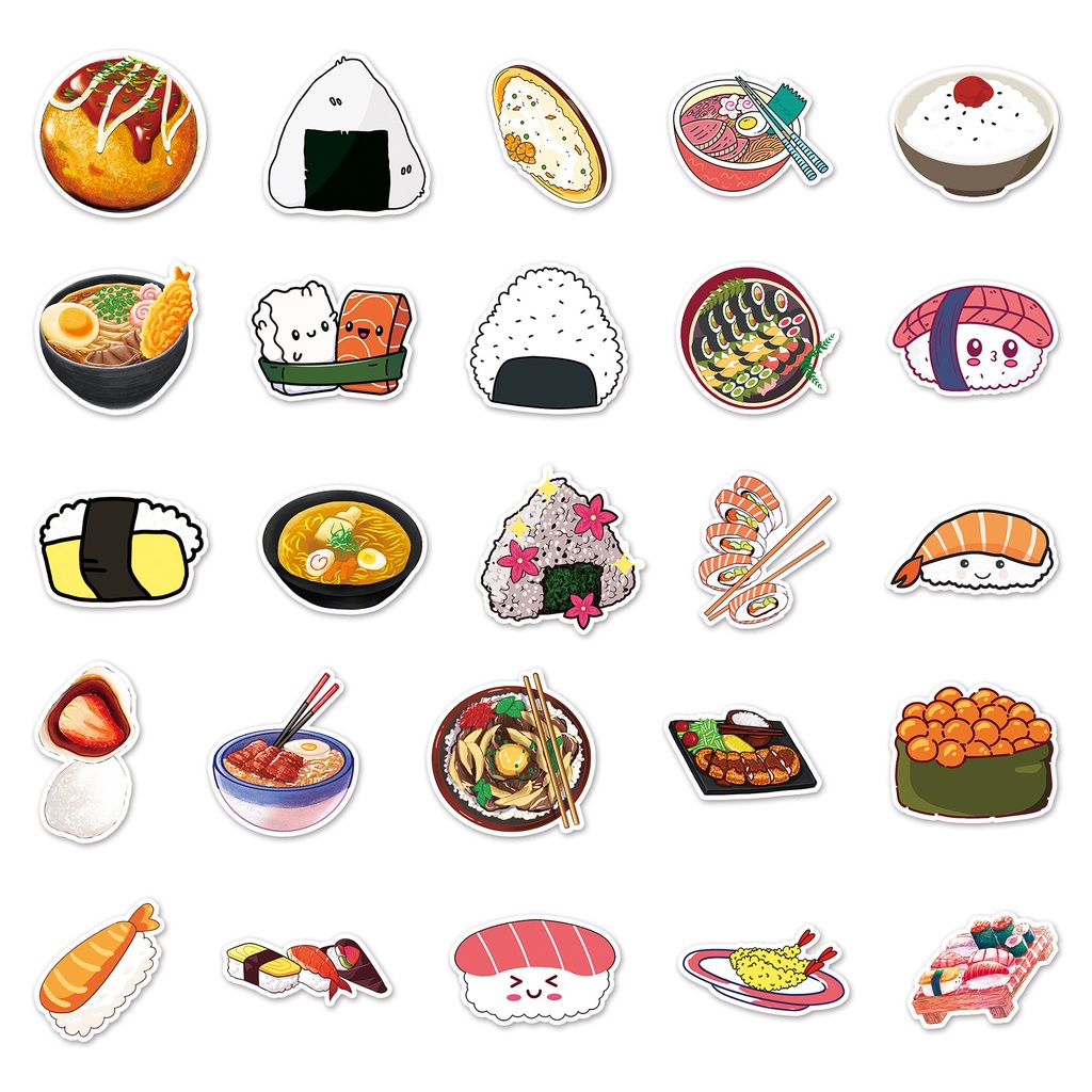 Combo 30 Sticker Chống Nước Decal Dán Điện Thoại Laptop Mũ Bảo Hiểm Vali Guitar Bình Nước Sổ Tay [SUSHI WASABI FOOD]