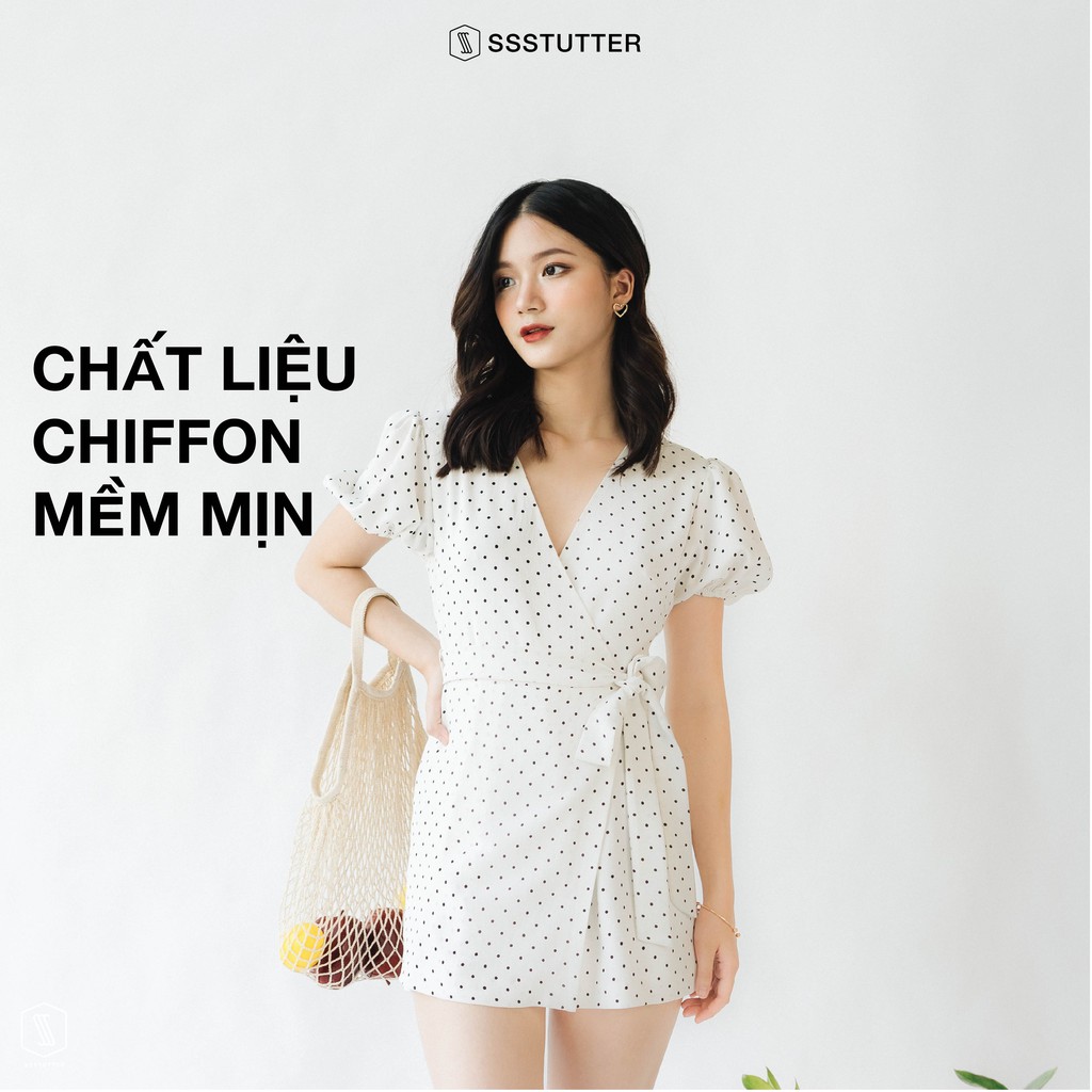 Jumpsuit nữ SSSTUTTER thoáng mát kiểu tay bồng chiết eo thắt nơ dots jumpsuit