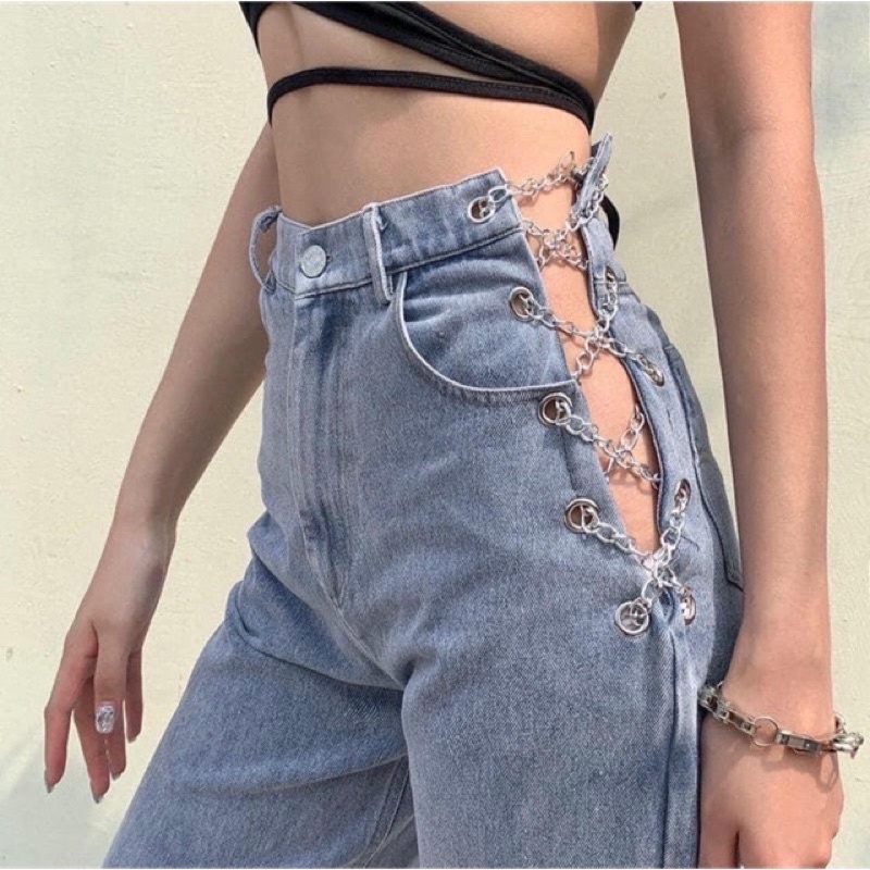 Quần jeans xanh dây xích