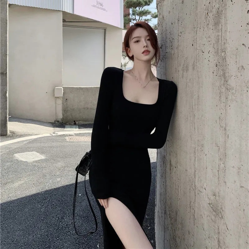 2022 Phụ Nữ Mùa Thu Phong Cách Mới Đầm Midi Cổ Vuông Thời Trang Váy Xẻ Tà Sexy