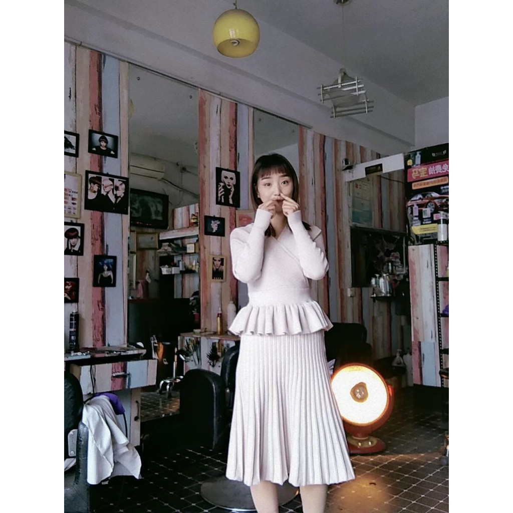 [Sẵn Hàng]♥️Set bộ Áo+ Váy len xếp ly xoè(ảnh thật)4 màu Size S-&gt;XL