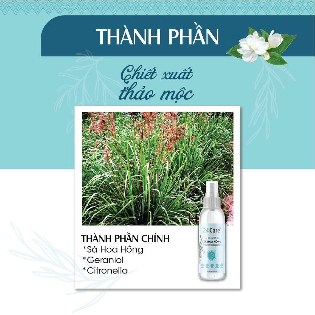 Xịt Phòng Tinh Dầu Sả Hoa Hồng Hữu Cơ Organic 24Care 50ML - Kháng khuẩn - Khử mùi hôi - Đuổi muỗi, côn trùng - Thơm tho