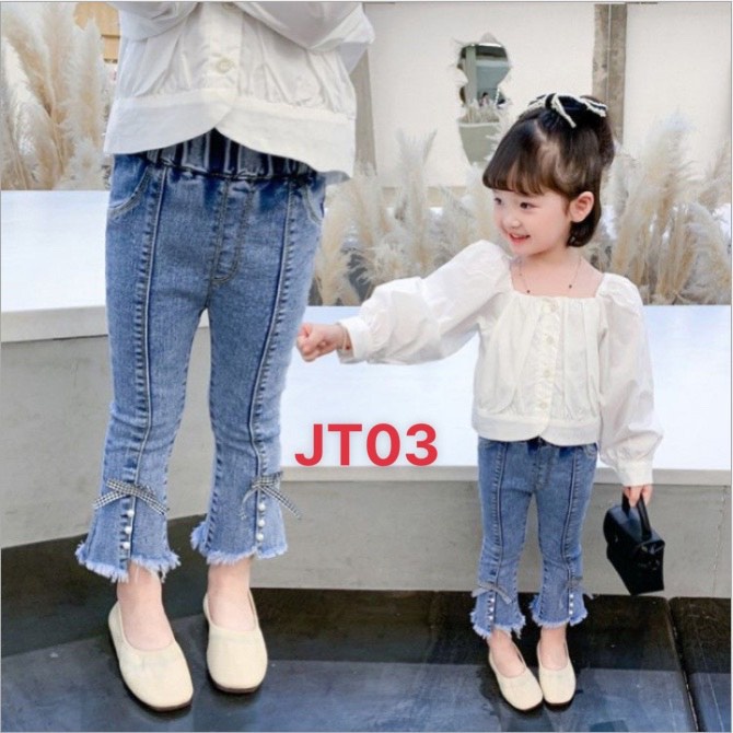 Quần Jeans JT03 size đại 10-35kg thời trang ống loe gắn nơ xinh xắn cho bé gái