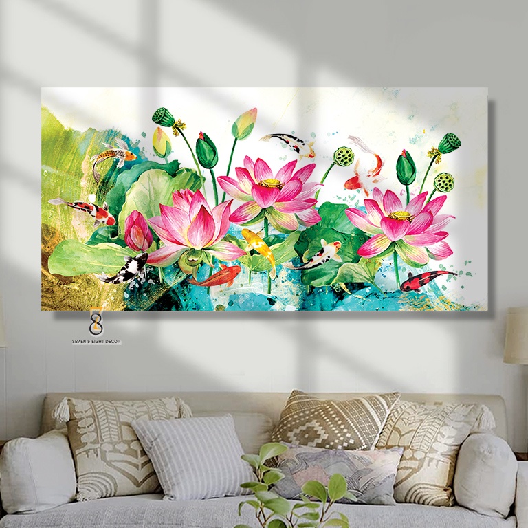 Tranh Canvas | Sen Hồng Và Đàn Cá | 1FHLOTU002 | Tranh Căng Khung Cao Cấp - Tặng Kèm Đinh Đa Năng