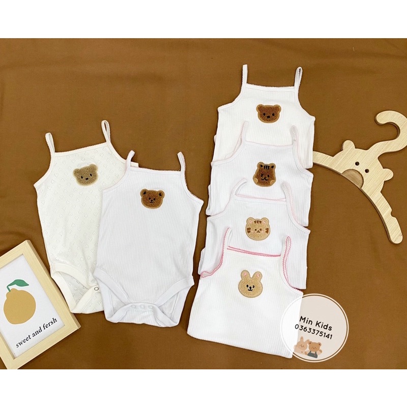 Bodysuit 2 dây trắng thêu hình gấu cho bé gái