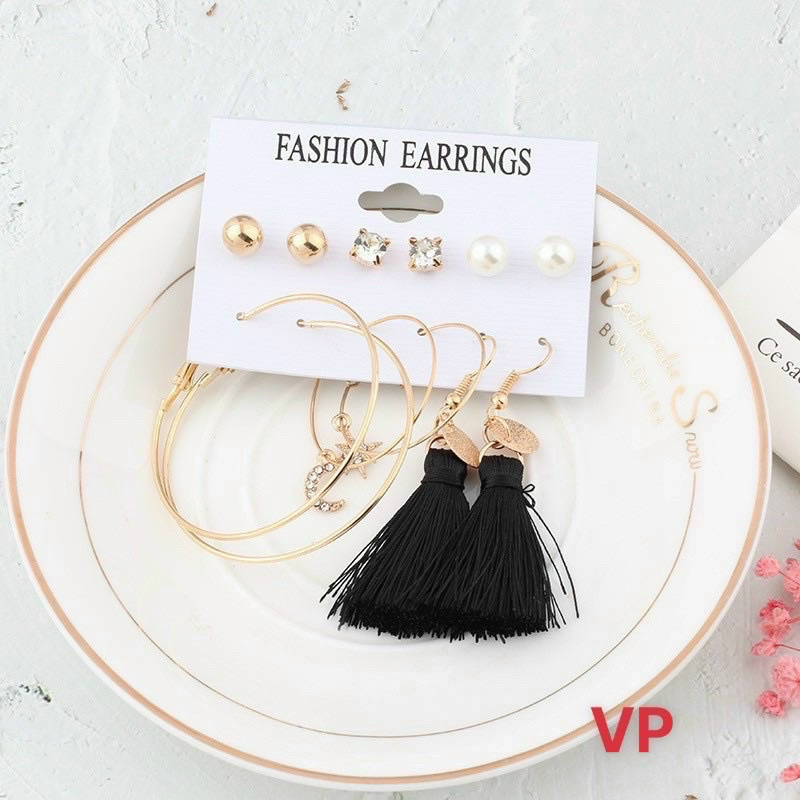 SÉT 6 ĐÔI KHUYÊN TAI FASHION CÓ TUA ĐEN
