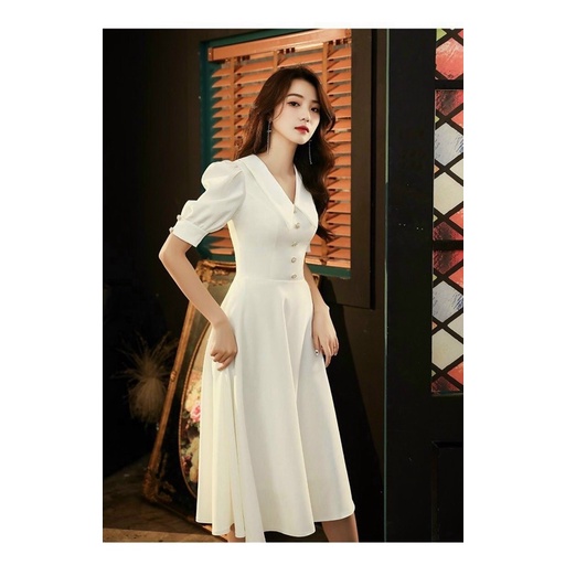 Đầm xoè công sở cổ V phối nút tay ngắn phồng - size M/L/XL