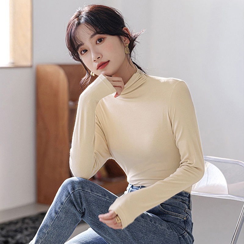 Áo Thun Tay Dài Cổ Cao Màu Trơn Thời Trang Mùa Thu Cho Nữ