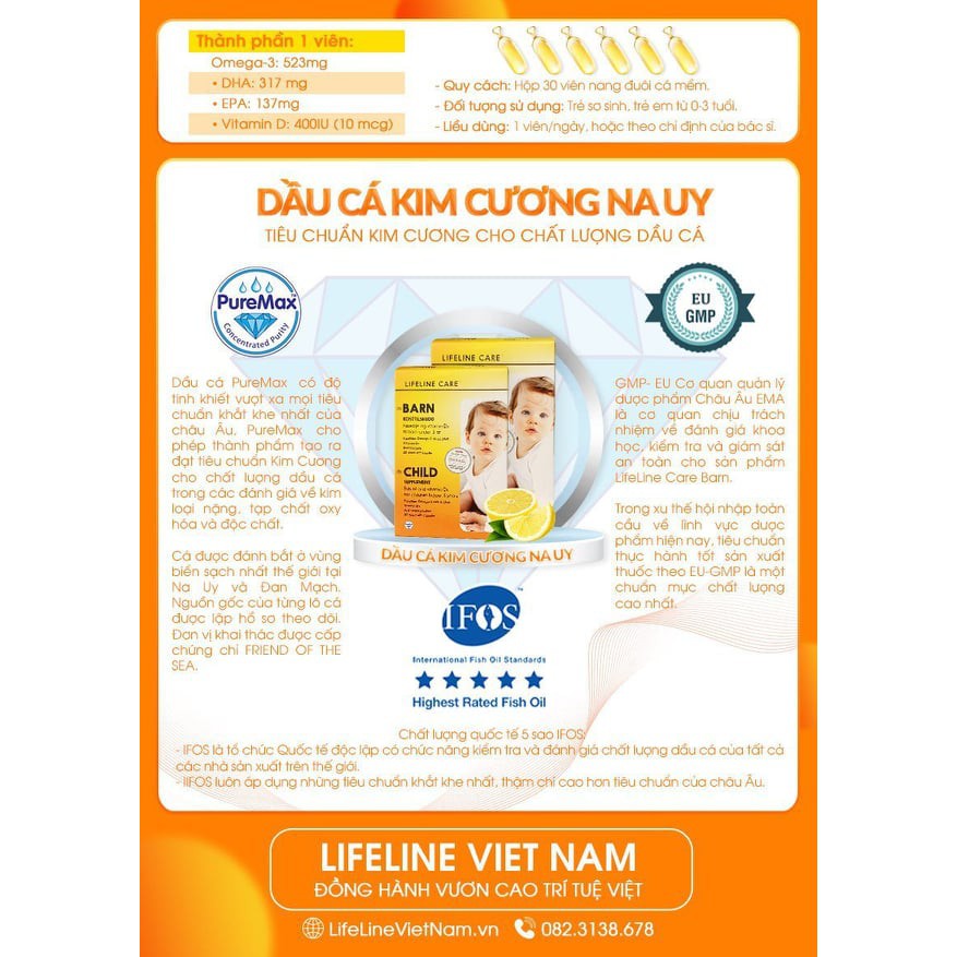 Dầu cá kim cương DHA Vitamin D3 BARN Lifeline Care Nauy cho bé từ 0-3 tuổi hộp 30v