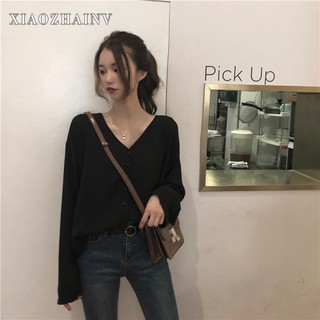 Áo Sơ Mi Xiaozhainv Voan Cổ Chữ V Dáng Rộng Hợp Thời Trang Cho Nữ