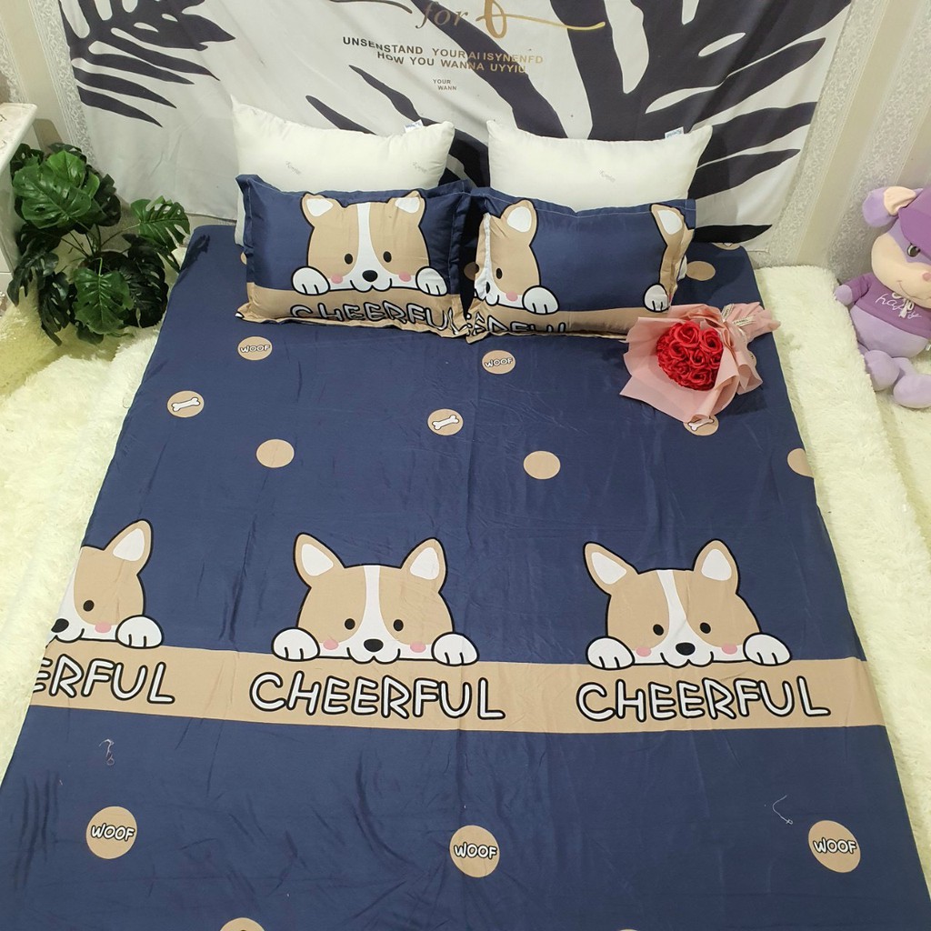 Set 4 Chăn Hè Trần Bông Kèm Ga Gối Poly Cotton Mẫu CÚN CHEERFUL XANH BIỂN