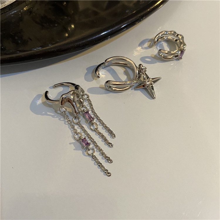 Bộ Ba Món Khuyên Kẹp Tai Đính Tua Rua Đơn Giản Cá Tính Thời Trang