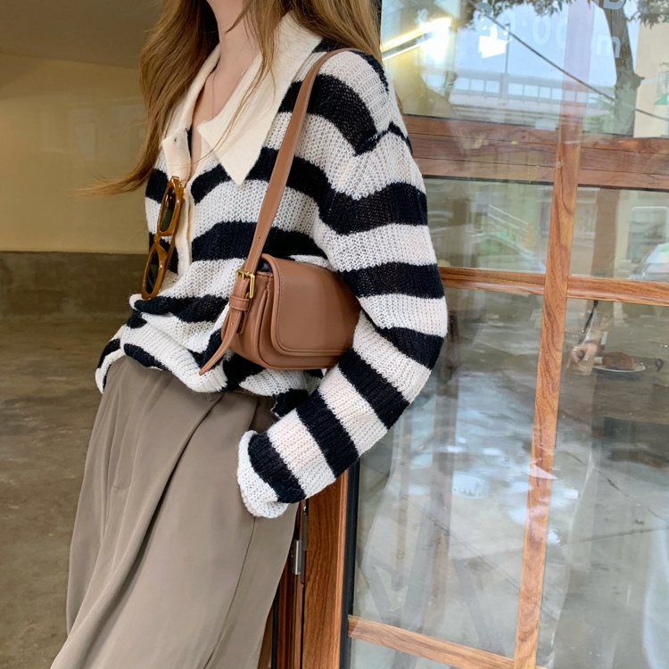 Áo Sweater Dệt Kim Tay Dài Dáng Rộng Cổ Polo Kẻ Sọc Dễ Phối Đồ Cho Nữ | BigBuy360 - bigbuy360.vn