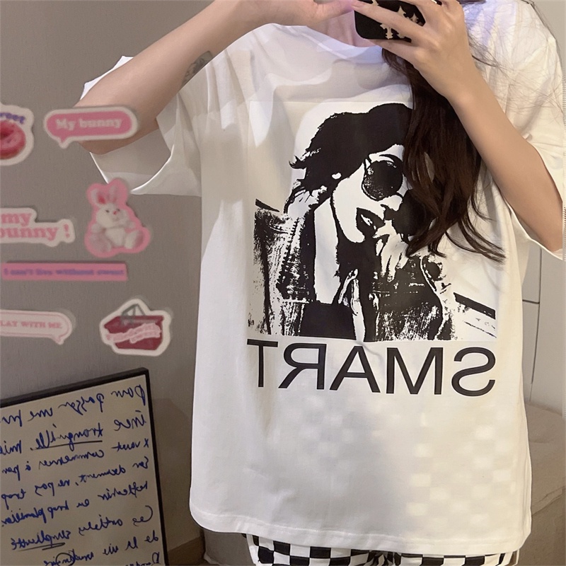 Áo thun SUXI dáng rộng cổ tròn tay ngắn in họa tiết đơn giản thời trang mùa hè cho nữ