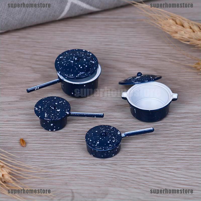 [superhomestore]4Pcs/set 1:12 Dollhouse miniature metal cooking pan pot kitchen cookware