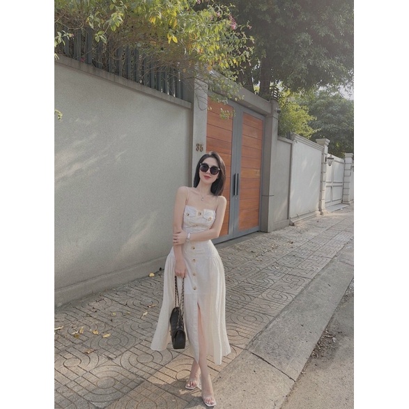 Đầm maxi dây chiết eo dáng xoè