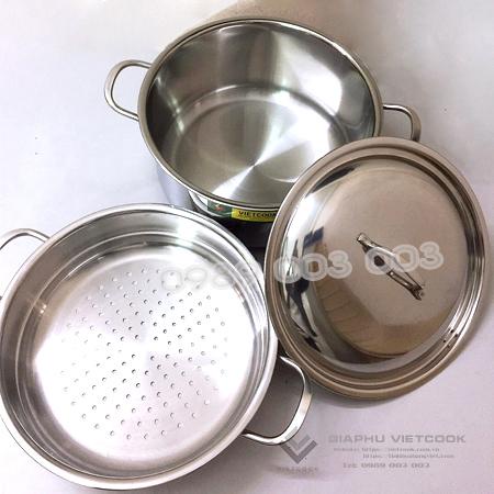 [HÀNG CHÍNH HÃNG]Bộ xửng hấp 3 đáy inox 430 Vietcook nắp kính, dùng được cho bếp từ tặng muống bới xôi(30cm)