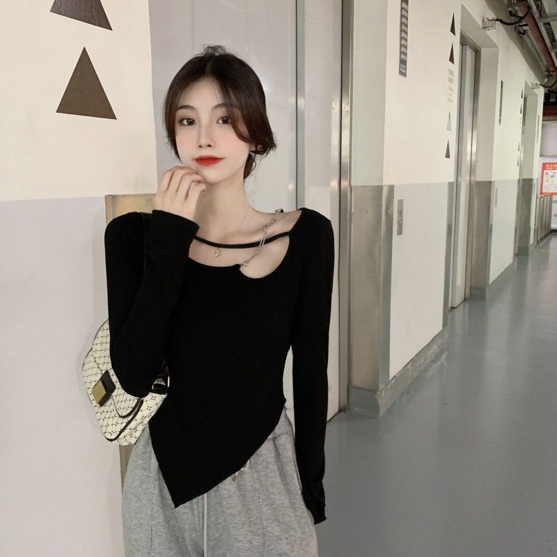 Jiashucheng Áo Thun Mỏng Tay Dài Phối Dây Xích Thiết Kế Khoét Rỗng Thời Trang Cho Nữ