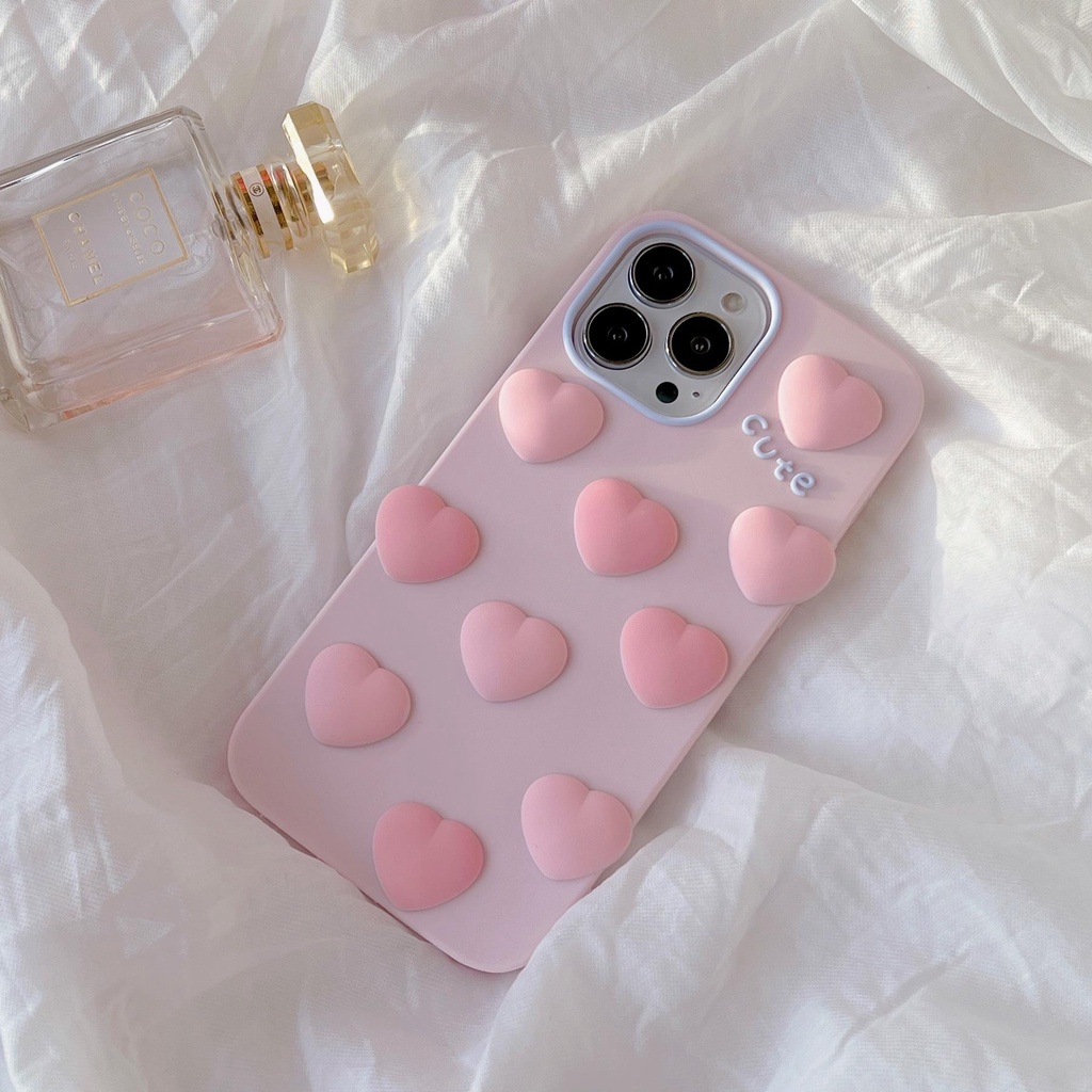 Ốp Điện Thoại Tpu Silicon Mềm Bảo Vệ Camera Hình Trái Tim 3D Màu Hồng Dễ Thương Cho iPhone 11 12 13Pro Max XS Max X XR 7 8 Plus