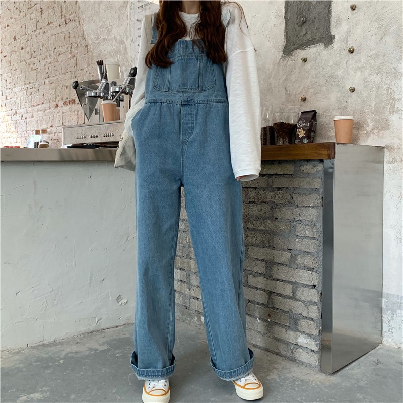 [Sẵn đủ size] Quần yếm jeans ống suông rộng dài - đi chơi - dạo phố - năng động