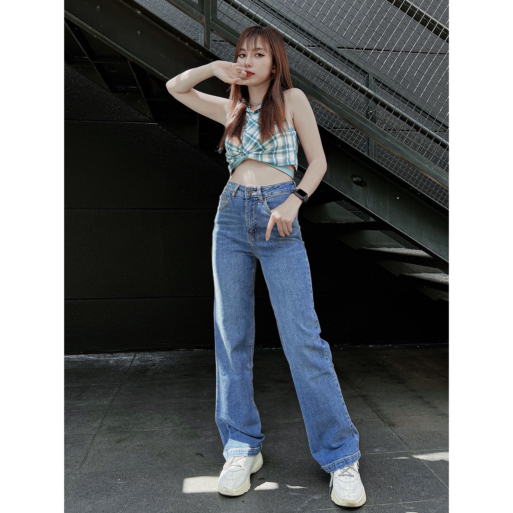 Quần Jeans ống suông đứng cạp cao 1 cúc dáng dài HQJeans cá tính chất jeans mịn co giãn tốt