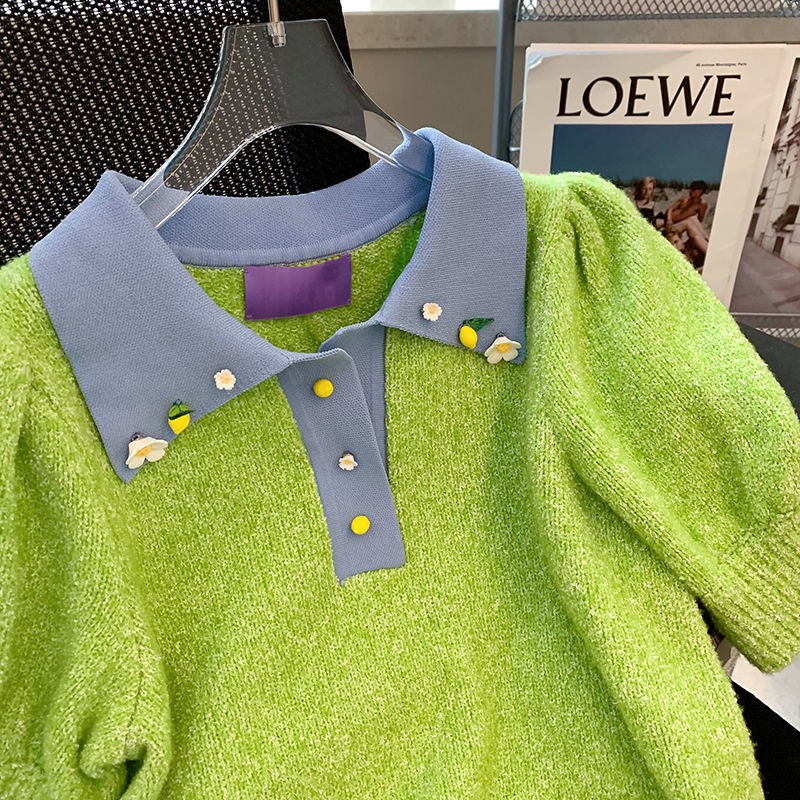 Áo Sweater Cổ Polo Tay Phồng Mềm Mại Họa Tiết Hoa Ba Chiều Phong Cách Phương Tây