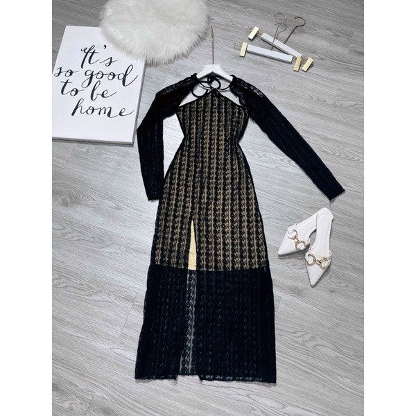 [Mã 44FASHIONSALE80 giảm 10K đơn 50K] [FREESHIP] Đầm midi thiết kế xẻ tà cổ yếm ren nổi siêu xinh hot tóp tóp | BigBuy360 - bigbuy360.vn