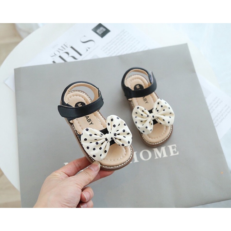 Dép sandal nơ Chấm bi MG Baby Đen vintage tiểu thư cho bé yêu mã SDC3